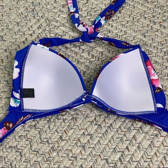 High waist halter floral blue pink retro bikini two piece swimsuit  Size small - Picture 3 of 6